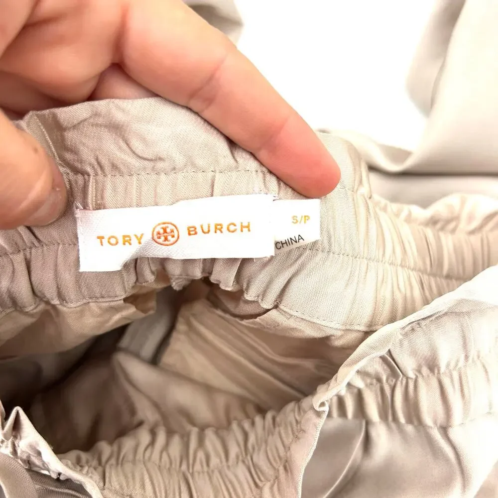 Tory Burch Satin Modal Rayon Tapered Drawstring Pull On Trousers Pants Small Tan